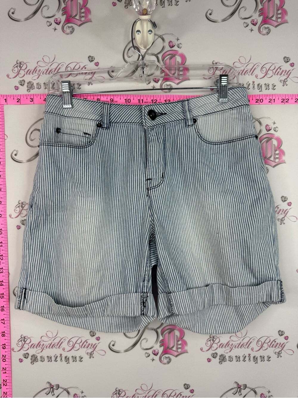 Tribal Blue and White Pinstripe Roll-Cuff Jean Shorts